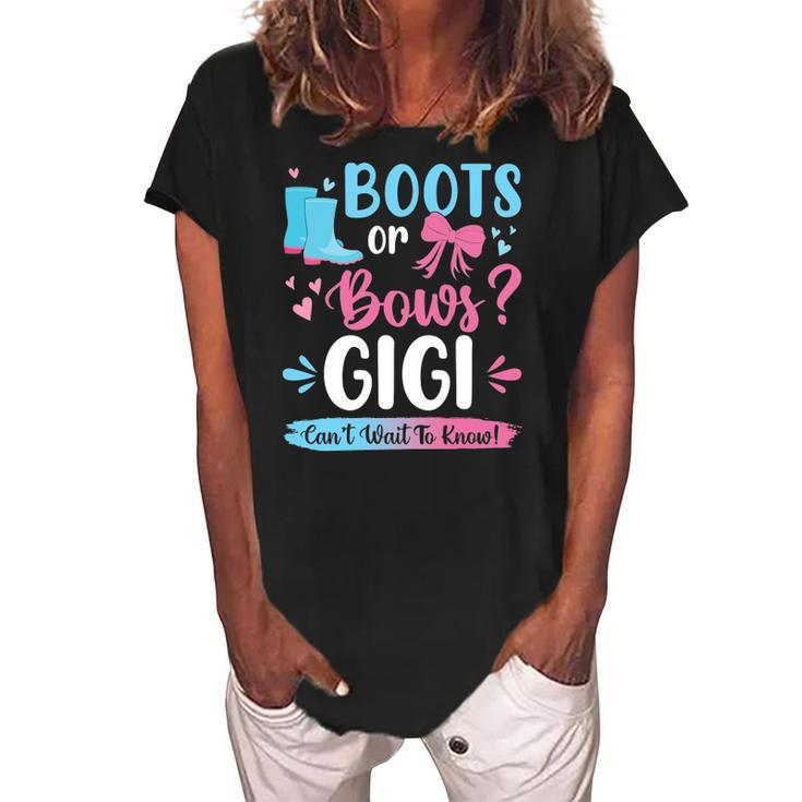 Gender Reveal Boots Or Bows Gigi Matching Baby Party Women's Loosen Crew Neck Short Sleeve T-Shirt