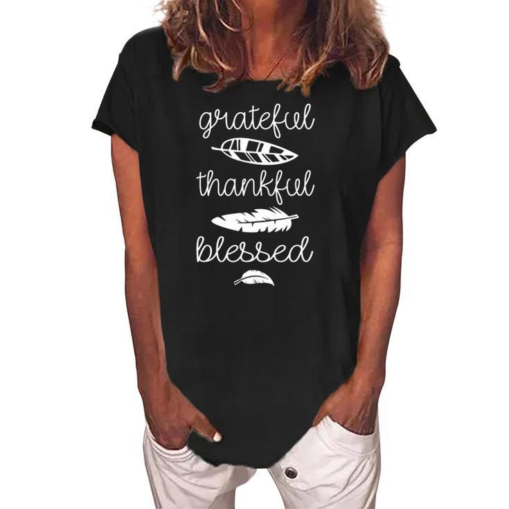 Grateful Thankful Blessed Cute Boho Feathers Thanksgiving Women's Loosen Crew Neck Short Sleeve T-Shirt