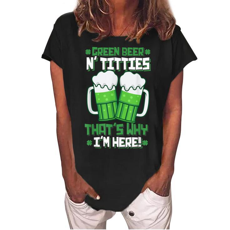 Green Beer Titties Funny St Patrick Day Adult Drinking  Women's Loosen Crew Neck Short Sleeve T-Shirt