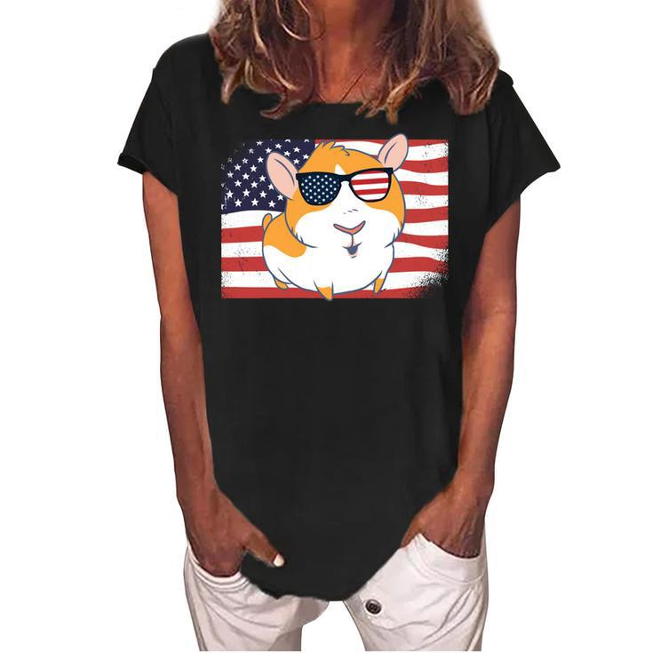 Guinea Pig Dad & Mom American Flag 4Th Of July Usa Funny   Women's Loosen Crew Neck Short Sleeve T-Shirt