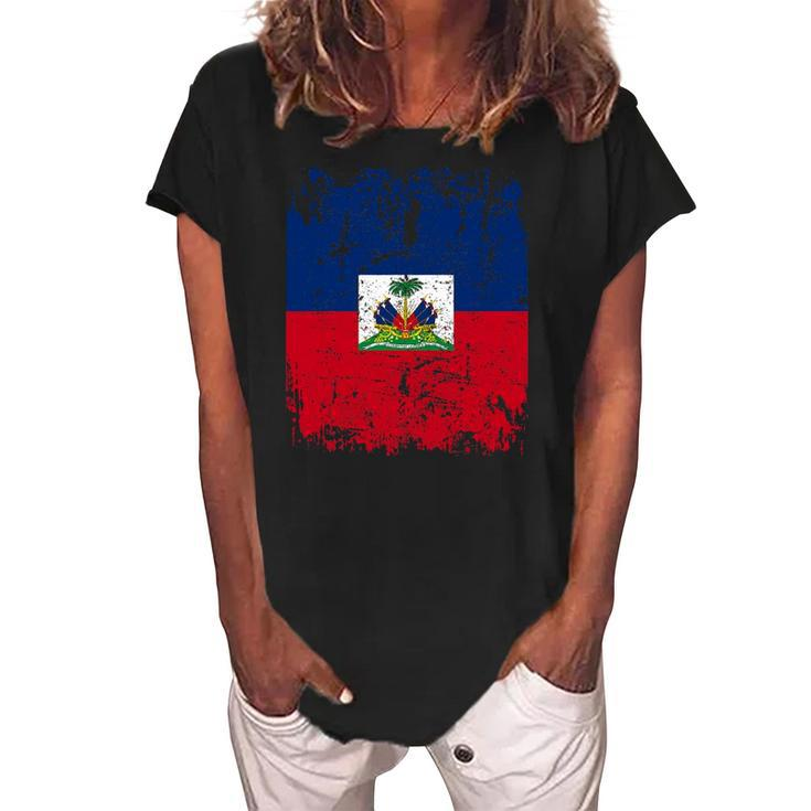 Haiti Flag Vintage Men Women Kids Haiti Women's Loosen Crew Neck Short Sleeve T-Shirt