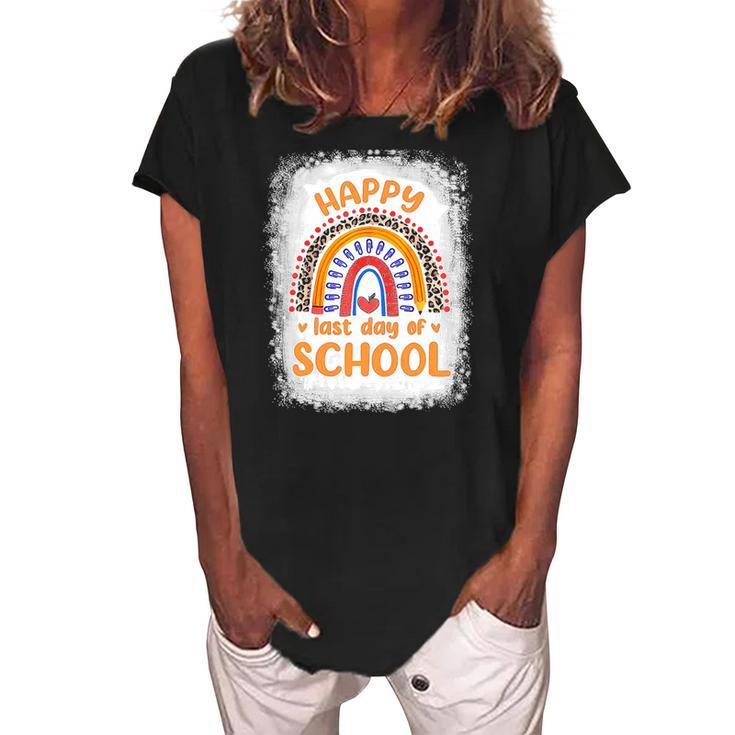 Happy Last Day Of School Rainbow  Funny Summer Vacation Women's Loosen Crew Neck Short Sleeve T-Shirt
