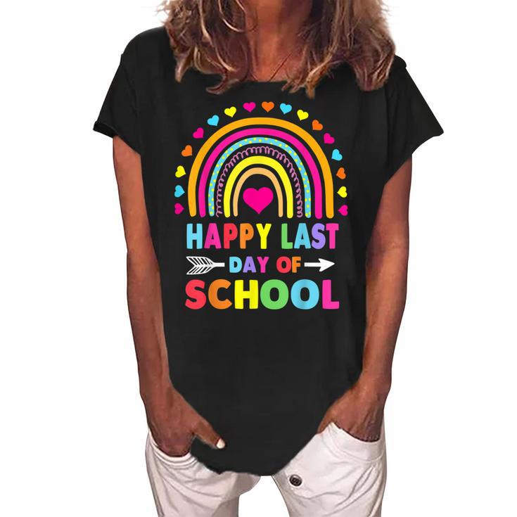 Happy Last Day Of School Teacher Student Graduation Rainbow  Women's Loosen Crew Neck Short Sleeve T-Shirt