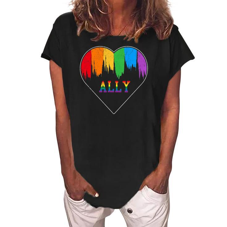 Hearts Lgbt Equality Love Lgbtq Rainbow Flag Gay Pride Ally Women's Loosen Crew Neck Short Sleeve T-Shirt