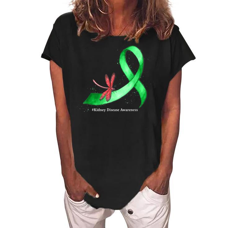 Hippie Dragonfly Green Ribbon Kidney Disease Awareness  Women's Loosen Crew Neck Short Sleeve T-Shirt