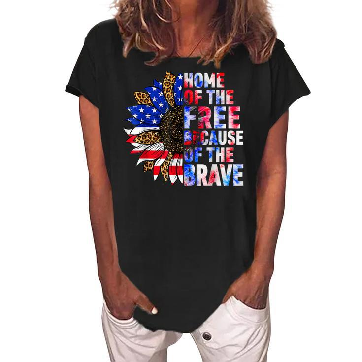 Home Of The Free Because Of The Brave Sunflower 4Th Of July  Women's Loosen Crew Neck Short Sleeve T-Shirt