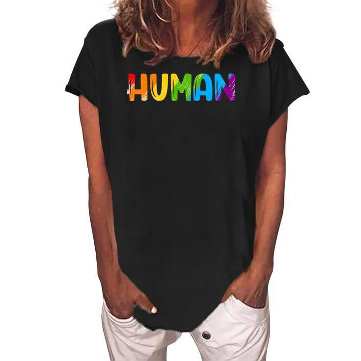 Human Lgbt Rainbow Flag Gay Pride Month Transgender Women's Loosen Crew Neck Short Sleeve T-Shirt