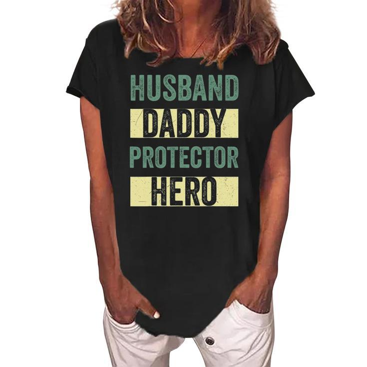 Husband Daddy Protector Hero Fathers Day Tee For Dad Wife Women's Loosen Crew Neck Short Sleeve T-Shirt