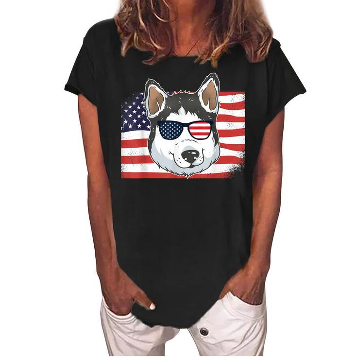 Husky Dad & Mom American Flag 4Th Of July Usa Siberian Husky  Women's Loosen Crew Neck Short Sleeve T-Shirt