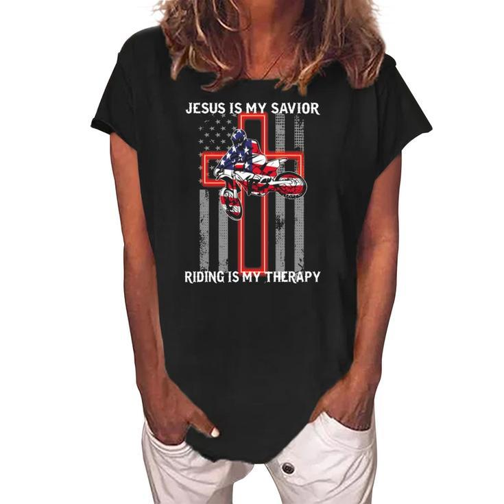 Jesus Is My Savior Riding Is My Therapy Us Flag Women's Loosen Crew Neck Short Sleeve T-Shirt