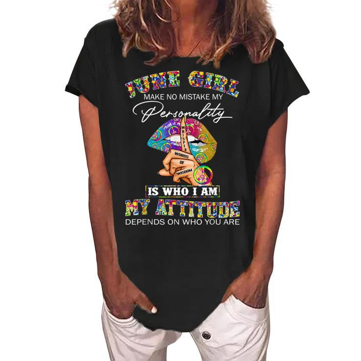 June Girl Lips Hippie Peace Gemini Girl Birthday Cancer Girl  Women's Loosen Crew Neck Short Sleeve T-Shirt