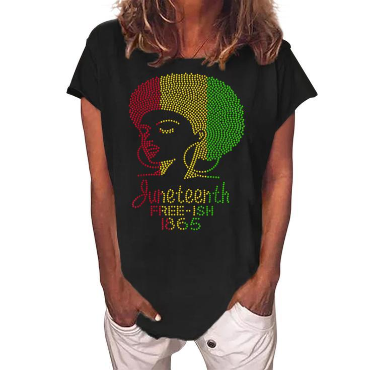 Juneteenth Celebrate 1865 Freedom Day Rhinestone Black Women  Women's Loosen Crew Neck Short Sleeve T-Shirt
