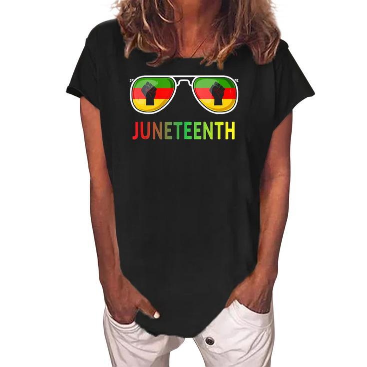 Juneteenth Sunglasses Black Pride Flag Fists Men Women  Women's Loosen Crew Neck Short Sleeve T-Shirt