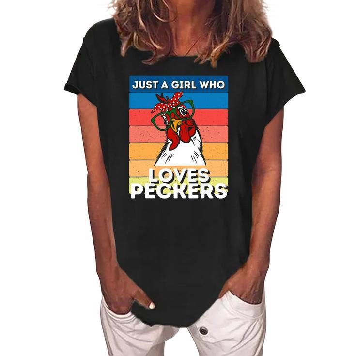 Just A Girl That Loves Peckers Funny Chicken Woman Tee Women's Loosen Crew Neck Short Sleeve T-Shirt
