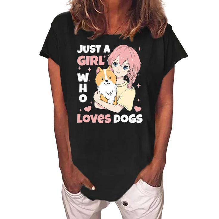Just A Girl Who Loves Dogs Cute Corgi Lover Outfit & Apparel Women's Loosen Crew Neck Short Sleeve T-Shirt