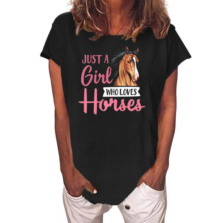 Just A Girl Who Loves Horses Cute Horseback Riding Lesson  Women's Loosen Crew Neck Short Sleeve T-Shirt