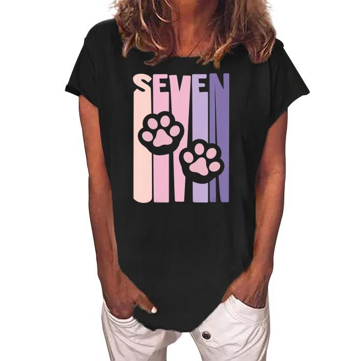 Kids 7Th Birthday Paw Cute Dog Fan 7 Years Old For Girls Women's Loosen Crew Neck Short Sleeve T-Shirt