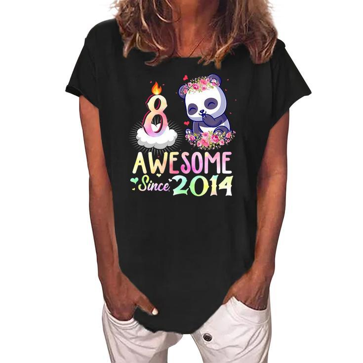 Kids Awesome Since 2014 8Th Birthday 8 Years Old Panda Girl Women's Loosen Crew Neck Short Sleeve T-Shirt