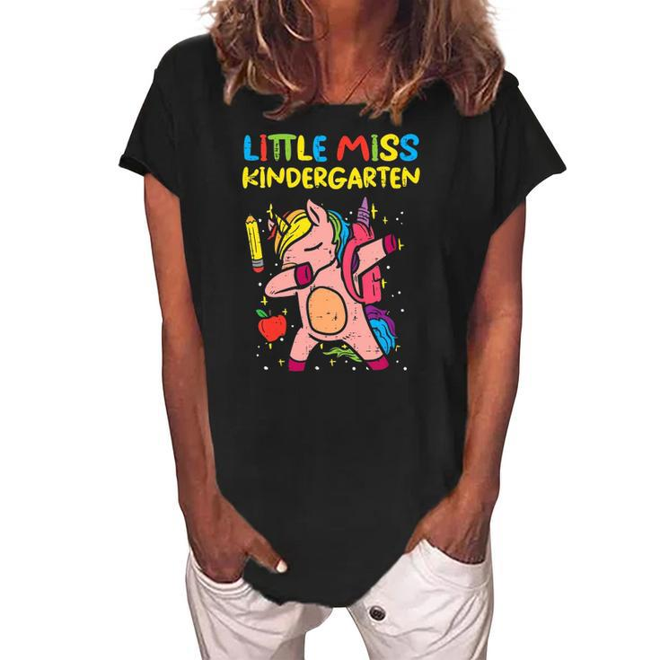 Kids Little Miss Kindergarten Dab Unicorn First Day Of Girls Women's Loosen Crew Neck Short Sleeve T-Shirt