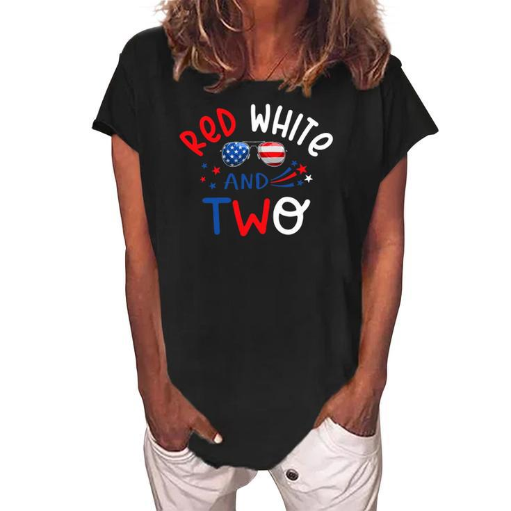 Kids Red White And Two 2Nd Birthday 4Th Of July Firework Boy Women's Loosen Crew Neck Short Sleeve T-Shirt