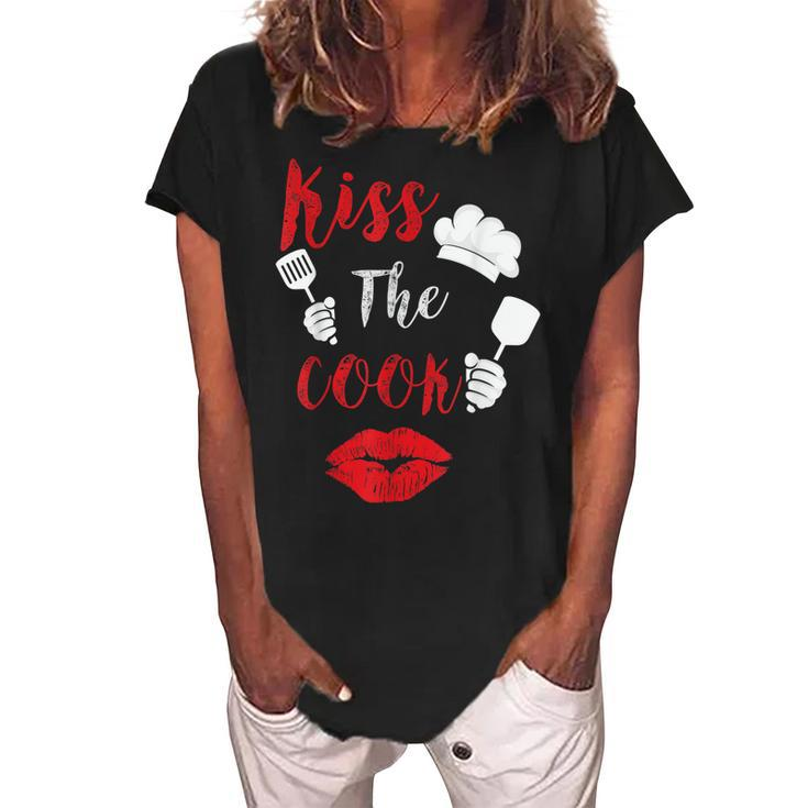 Kiss The Cook Chef Cooking Love Big Red Heart Valentines Day  Women's Loosen Crew Neck Short Sleeve T-Shirt
