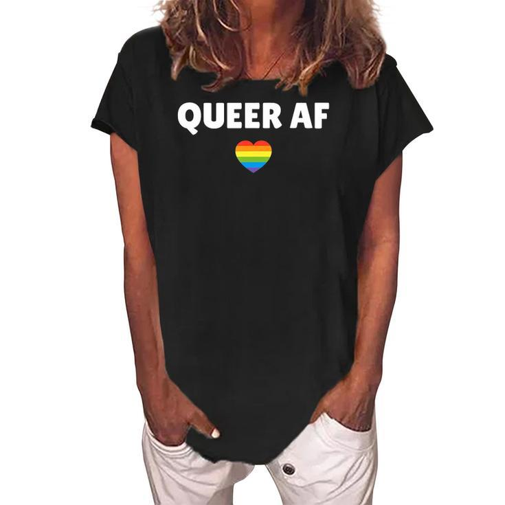 Lgbt Pride - Queer Af Rainbow Flag Heart Women's Loosen Crew Neck Short Sleeve T-Shirt