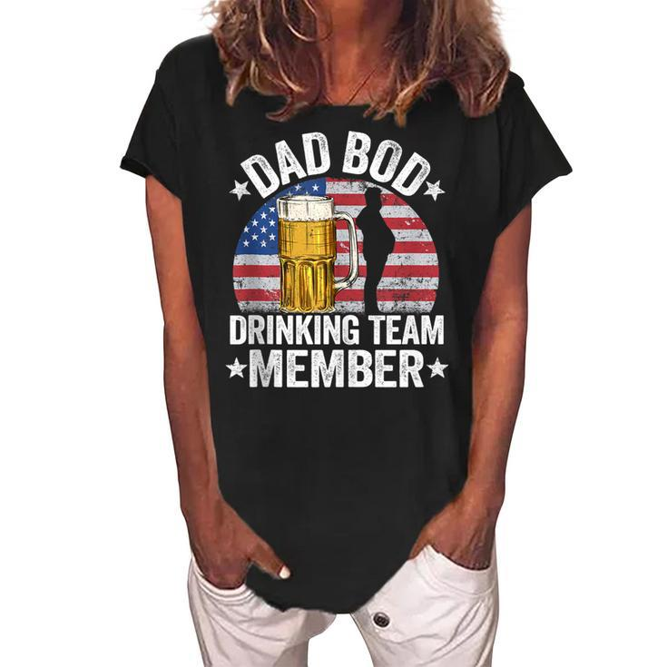Mens Dad Bod Drinking Team Member American Flag 4Th Of July Beer  Women's Loosen Crew Neck Short Sleeve T-Shirt