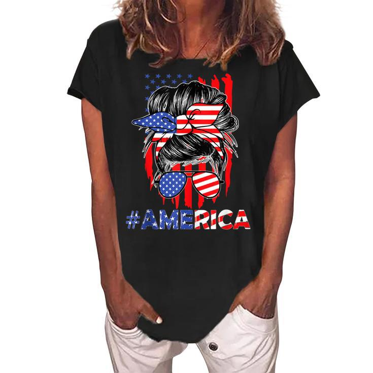 Mom Life Messy Bun America Flag Mothers Day Gift 4Th Of July  Women's Loosen Crew Neck Short Sleeve T-Shirt
