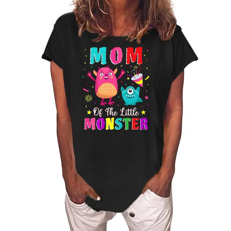 Mom Of The Little Monster Family Matching Birthday Son Women's Loosen Crew Neck Short Sleeve T-Shirt