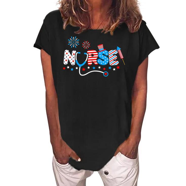 Nurse 4Th Of July American Flag Patriotic Usa Stethoscope  Women's Loosen Crew Neck Short Sleeve T-Shirt