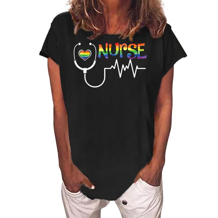Nurse Rainbow Flag Lgbt Lgbtq Gay Lesbian Bi Pride Ally  Women's Loosen Crew Neck Short Sleeve T-Shirt