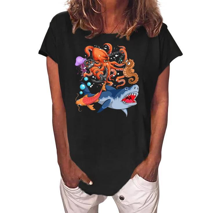 Octopus Jellyfish Seahorse Shark Zookeeper Kids Ocean Animal  Women's Loosen Crew Neck Short Sleeve T-Shirt