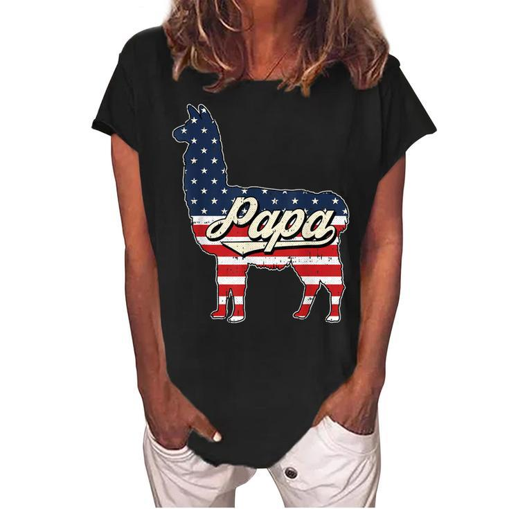 Papa Llama 4Th Of July American Flag Patriotic Dad Father  Women's Loosen Crew Neck Short Sleeve T-Shirt