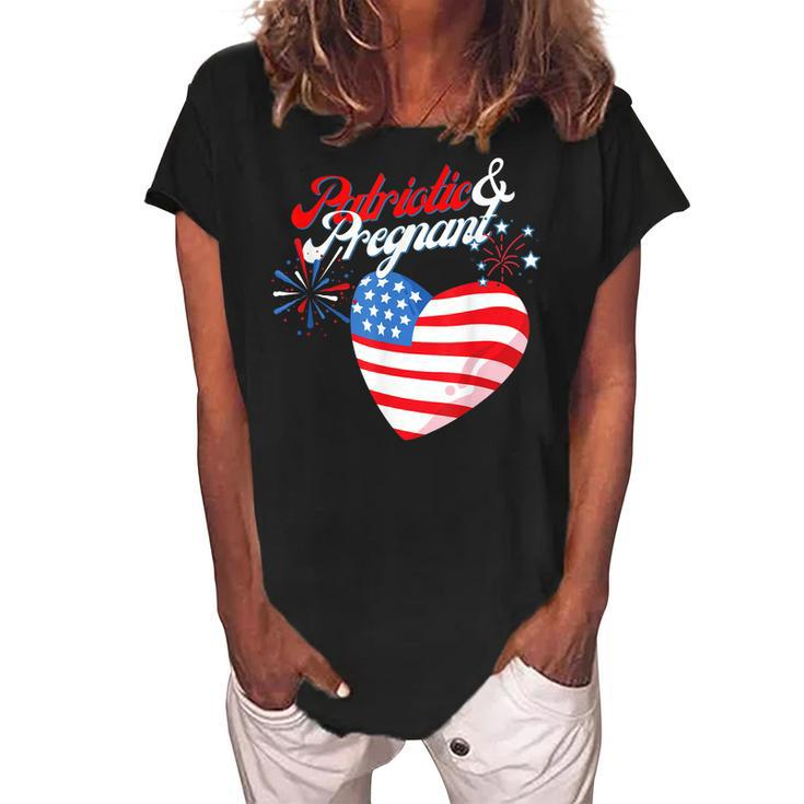 Patriotic And Pregnant 4Th Of July Pregnancy Announcement  Women's Loosen Crew Neck Short Sleeve T-Shirt