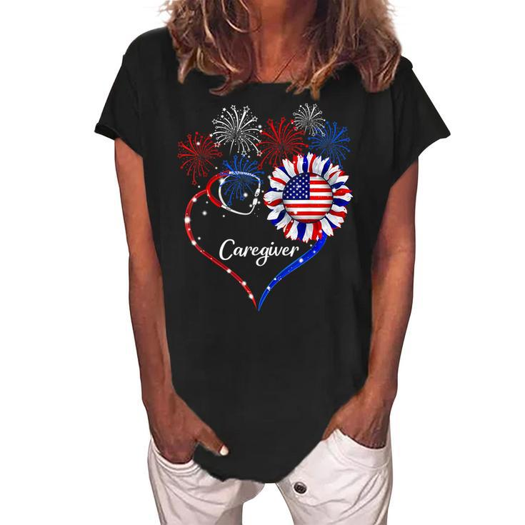 Patriotic Caregiver Sunflower 4Th Of July American Flag Love  Women's Loosen Crew Neck Short Sleeve T-Shirt
