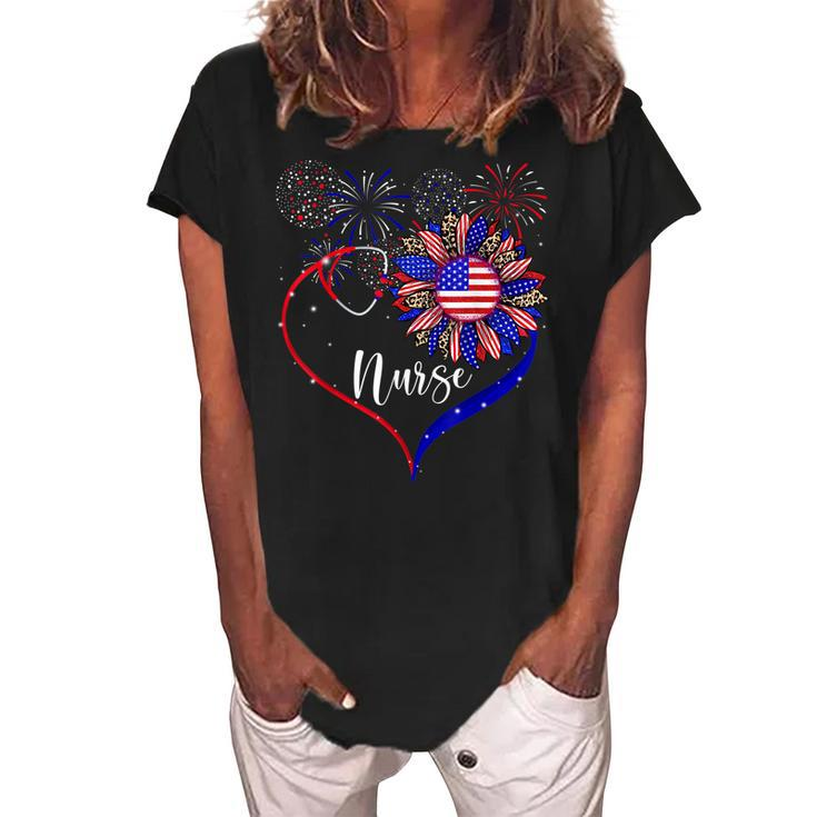 Patriotic Nurse 4Th Of July American Flag Sunflower Love  Women's Loosen Crew Neck Short Sleeve T-Shirt