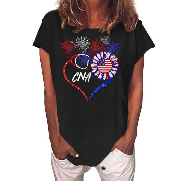 Patriotic Nurse Cna 4Th Of July American Flag Sunflower Love  V2 Women's Loosen Crew Neck Short Sleeve T-Shirt