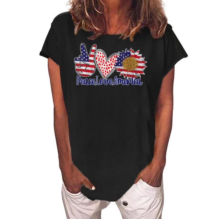 Peace Love America 4Th July Patriotic Sunflower Heart Sign  Women's Loosen Crew Neck Short Sleeve T-Shirt