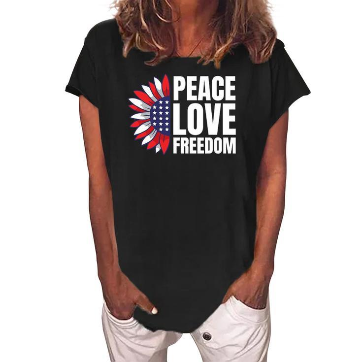 Peace Love Freedom America Usa Flag Sunflower Women's Loosen Crew Neck Short Sleeve T-Shirt