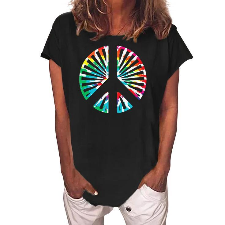Peace Sign Rainbow Colors 70S 80S Party  Women's Loosen Crew Neck Short Sleeve T-Shirt