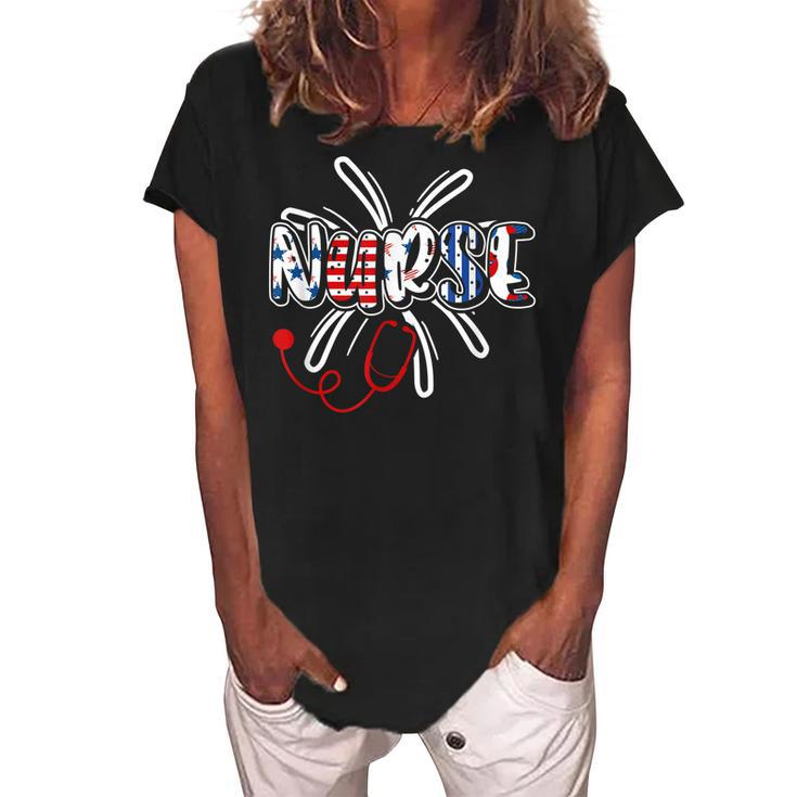 Pride Nurse Usa Flag Stethoscope Patriotic Nurse 4Th Of July  Women's Loosen Crew Neck Short Sleeve T-Shirt