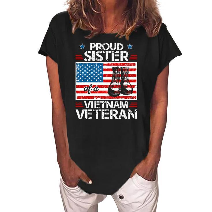 Proud Sister Of Vietnam Veteran Patriotic Usa Flag Military Women's Loosen Crew Neck Short Sleeve T-Shirt