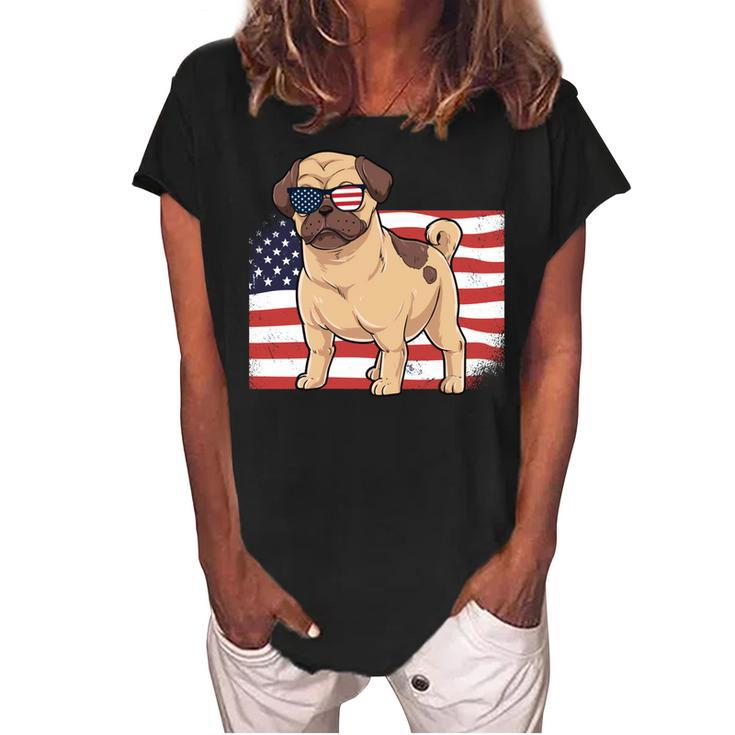 Pug Dad & Mom American Flag 4Th Of July Usa Funny Pug Lover   Women's Loosen Crew Neck Short Sleeve T-Shirt