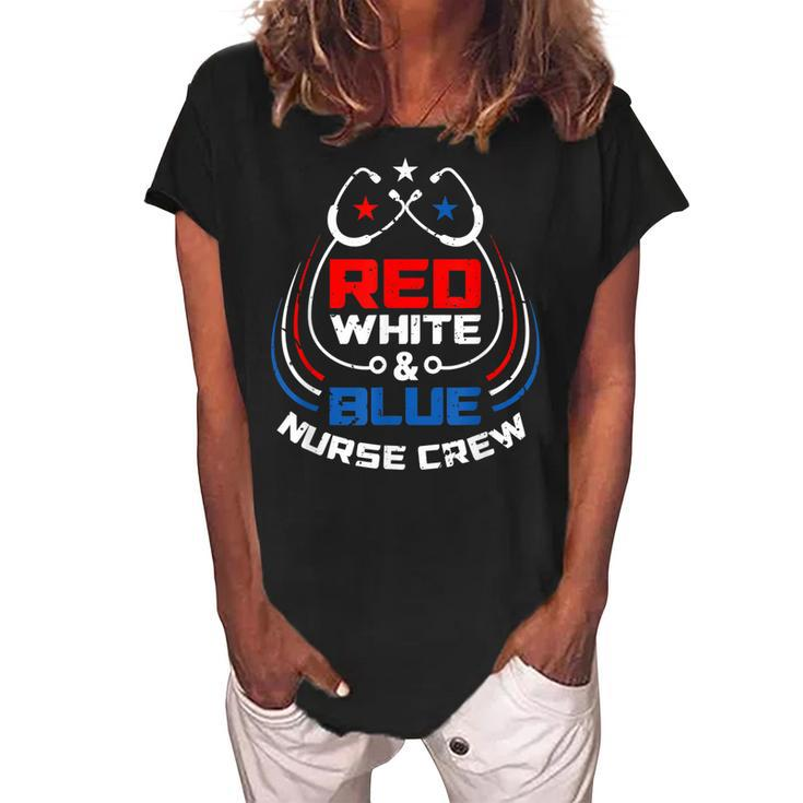 Red White & Blue Nurse Crew American Pride 4Th Of July  Women's Loosen Crew Neck Short Sleeve T-Shirt