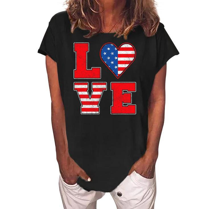 Red White And Blue S For Women Girl Love American Flag Women's Loosen Crew Neck Short Sleeve T-Shirt