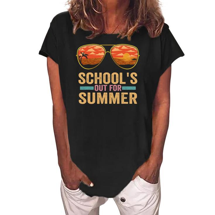 Schools Out For Summer Sunglasses Teacher Last Day Of School Women's Loosen Crew Neck Short Sleeve T-Shirt