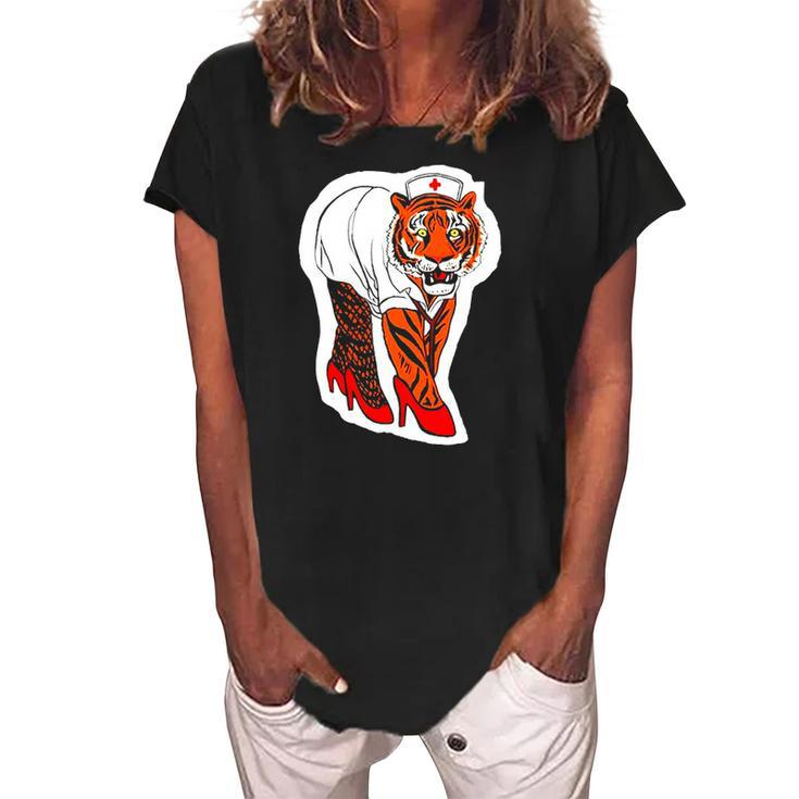 Sexy Tiger Nurse Tiger Lover Gift Women's Loosen Crew Neck Short Sleeve T-Shirt
