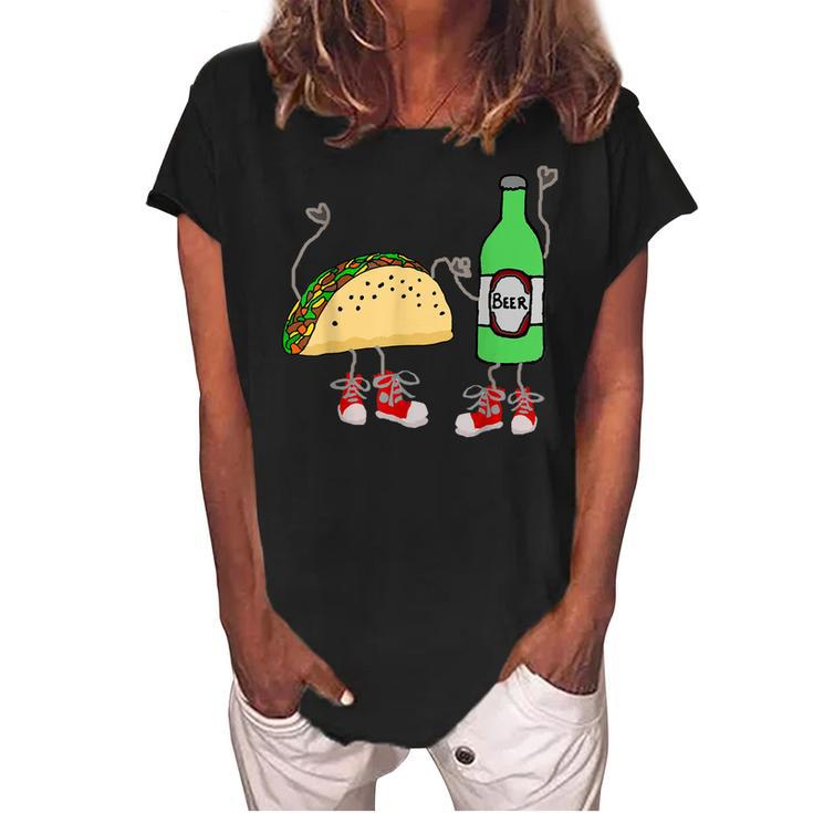 Smilealot Funny Taco And Beer Food Cartoon  Women's Loosen Crew Neck Short Sleeve T-Shirt