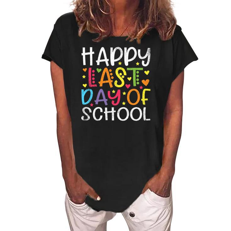 Stars Happy Last Day Of School Cute Graduation Teacher Kids Women's Loosen Crew Neck Short Sleeve T-Shirt