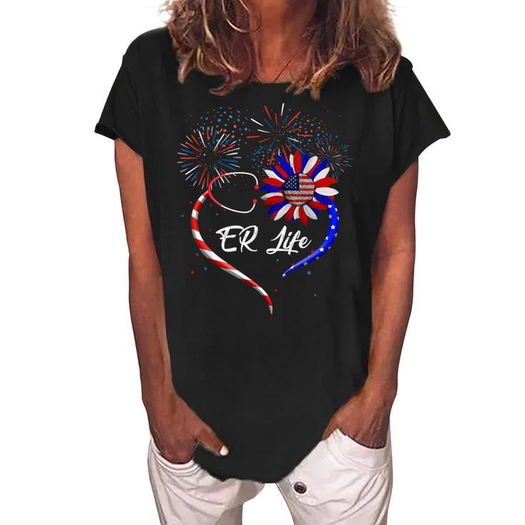 Stethoscope Sunflower Patriotic Er Life Nurse 4Th Of July  Women's Loosen Crew Neck Short Sleeve T-Shirt
